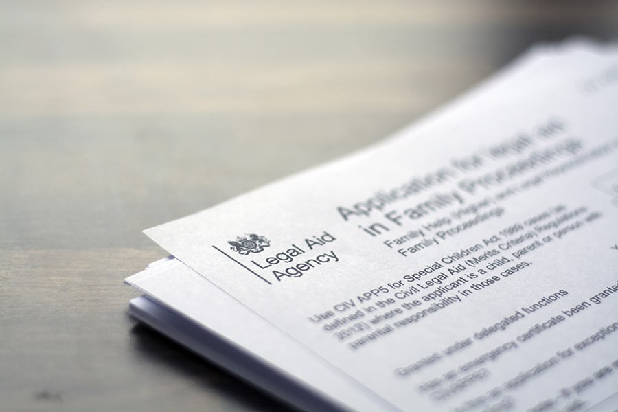 A close up of an application form for legal aid for family proceedings