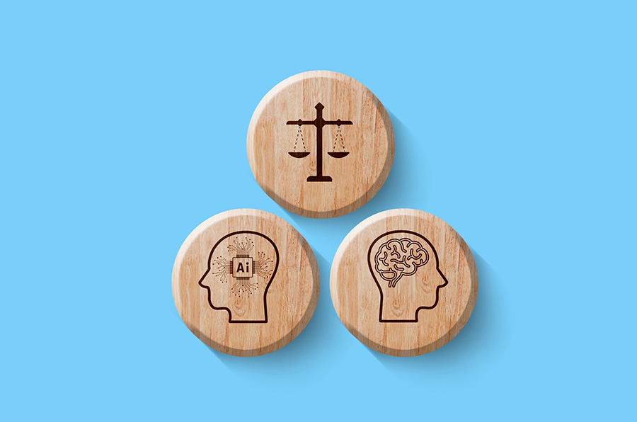 three disks with simple drawings of a human brain, an AI brain, and the scales of justice