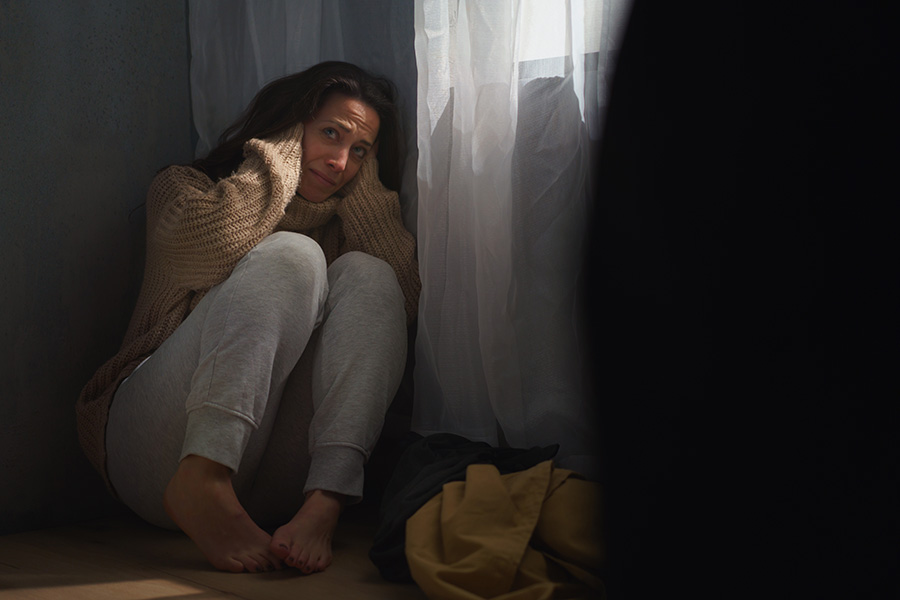 A scared looking woman cowers on the floor in a corner with the outline of a person looming over her