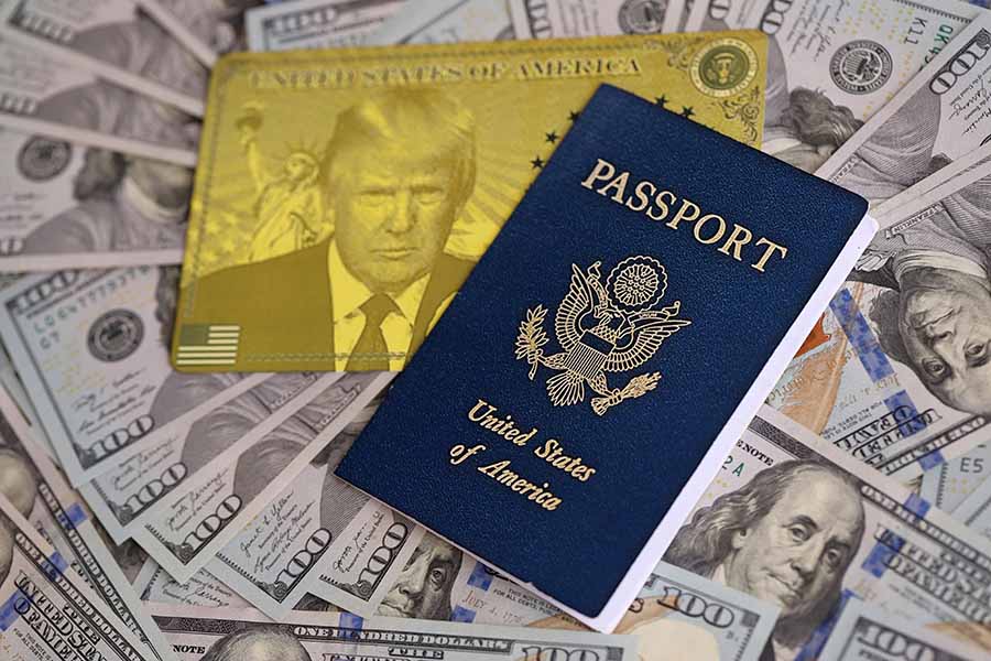 A US passport on top of a pile of cash, with a yellow image of Donald Trump