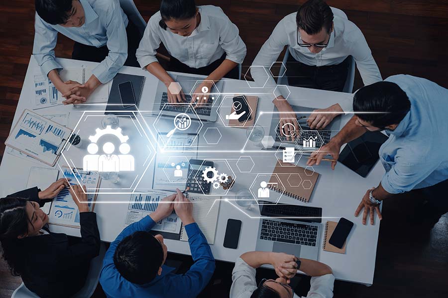 A group of business people discussing legal technolgy, depicted by graphics overlaid on the image