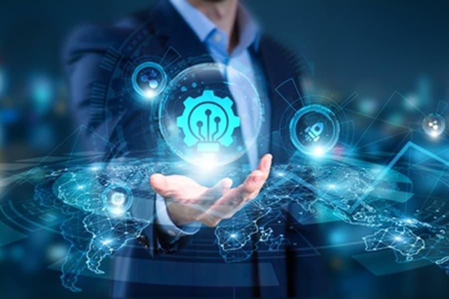 Businessman hand hold of Innovation Technology and global networking